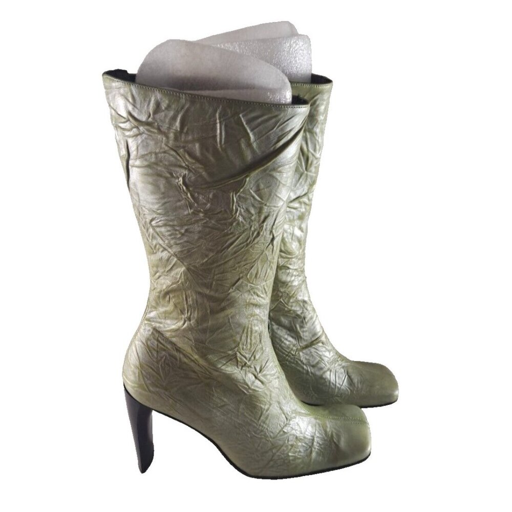 NEW Paloma Marcelo Fly Mid Calf Boots Y2K Green 4" Heels Zip Up Leather 39 9